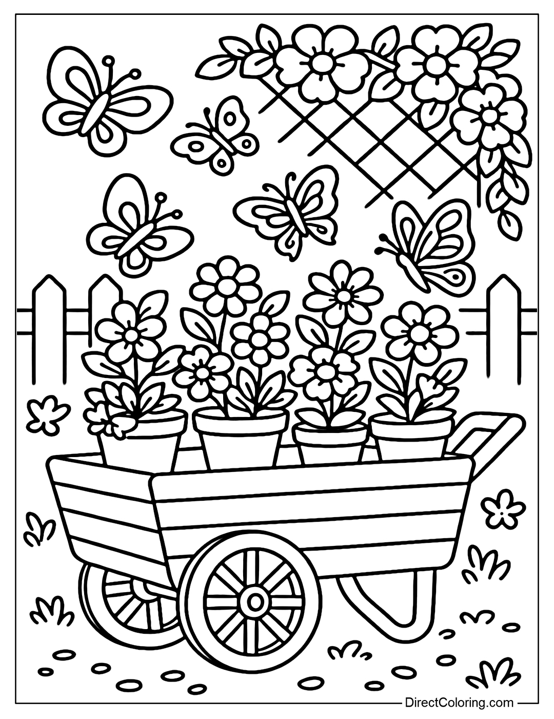 A cart coloring page full of flower pots, butterflies perched on each pot, a white fence and climbing flower trellis in the background.