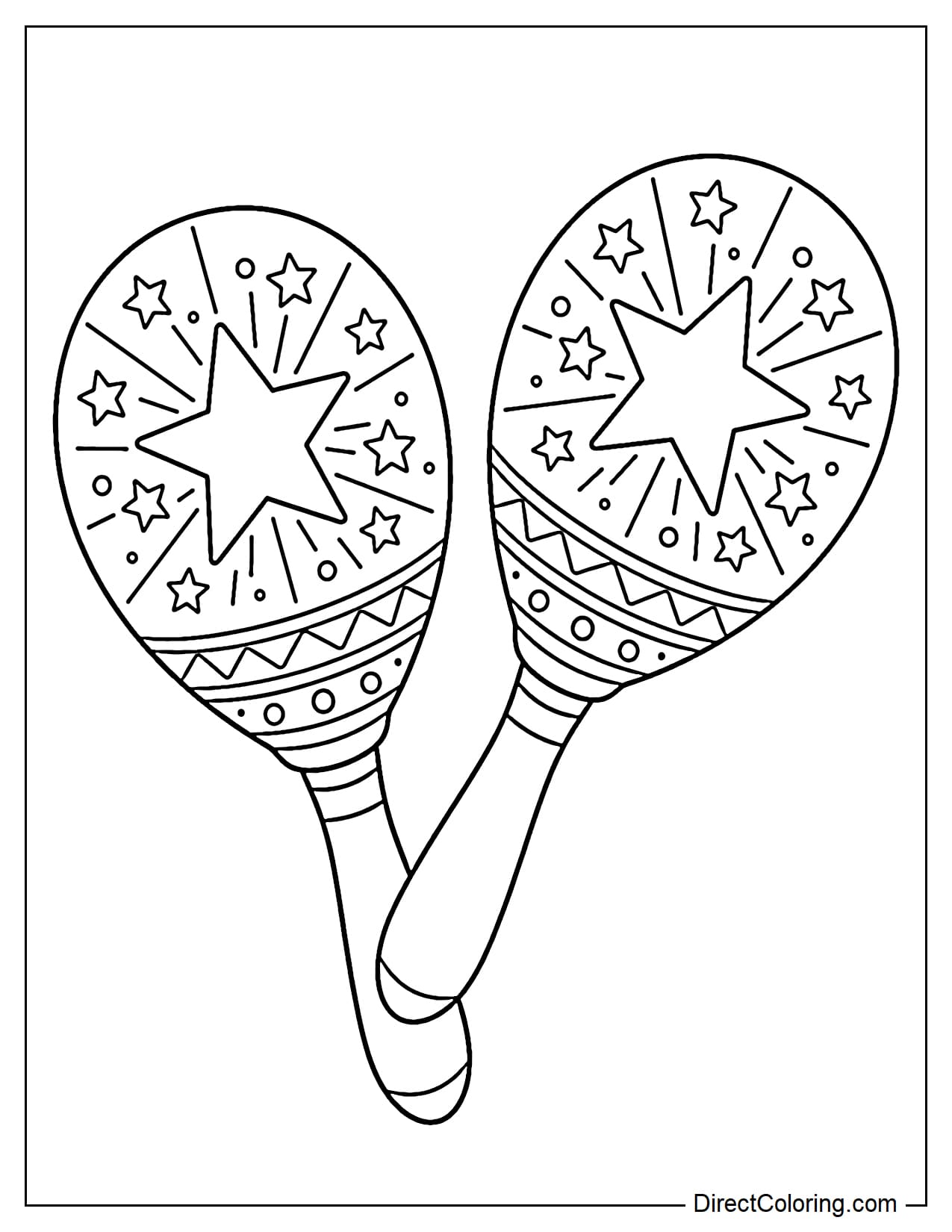 Maracas with a large, radiant star in the center, surrounded by rays of light and small, sparkling stars, combined with a border of zigzags and polka dots below.