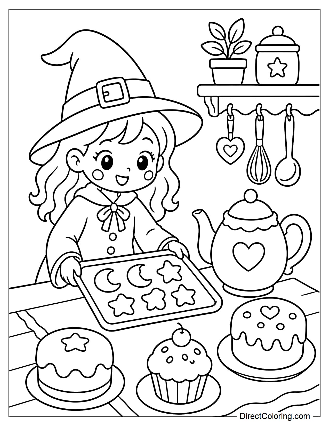A little witch is placing a tray of moon- and star-shaped cookies on a kitchen table, with a large teapot and a few big cookies beside her.