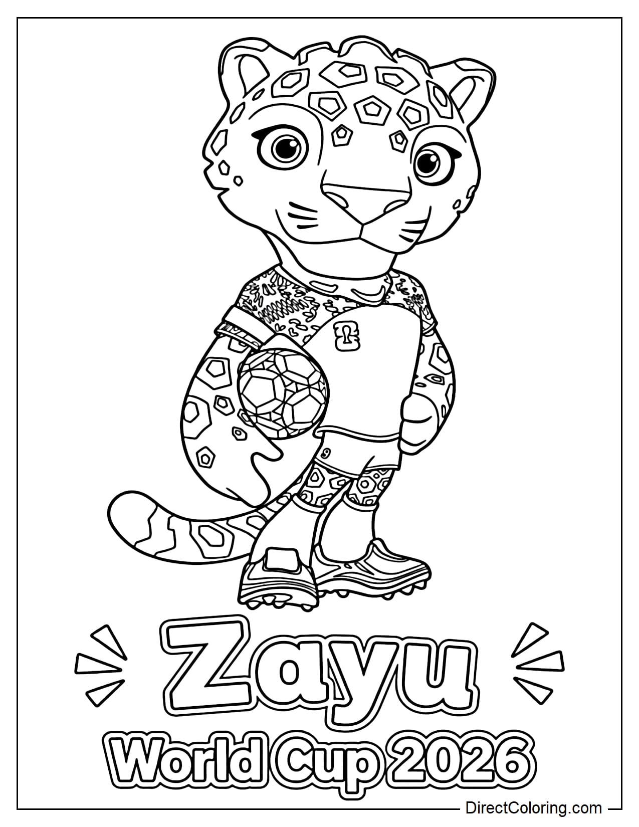 The 2026 World Cup mascot, Zayu, is an animated jaguar dressed in a soccer outfit, holding a soccer ball in one hand. Below is the large text 