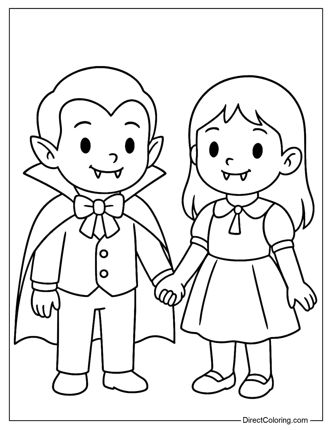 Cute Vampire Twins Coloring Page Cute vampire twins coloring page, holding hands, wearing matching outfits.