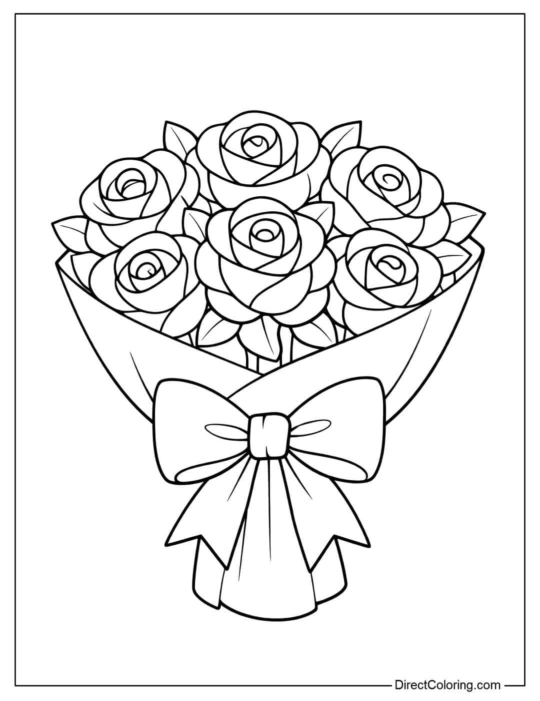 A coloring page of a large rose bouquet wrapped in simple paper, with a large, soft bow in the center.