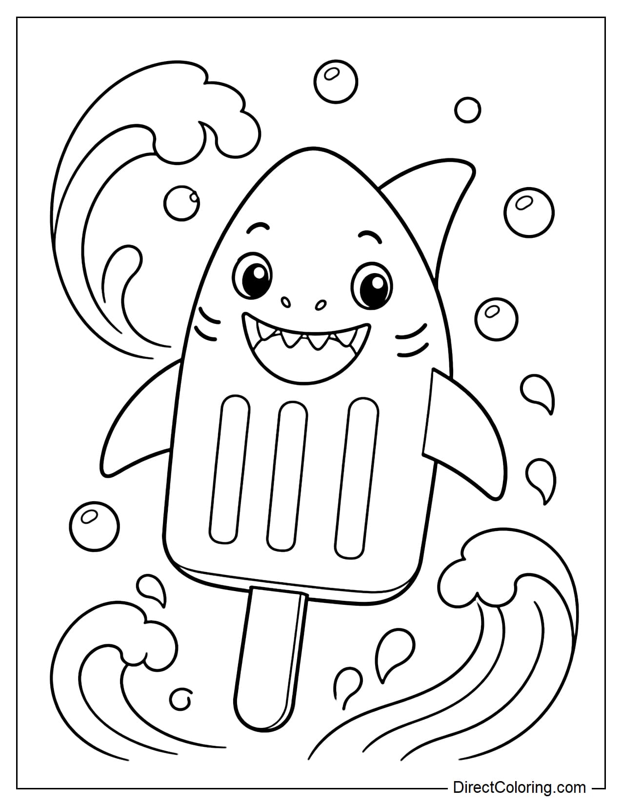 An adorable shark popsicle with large fins and a friendly smile, surrounded by large waves and water bubbles.