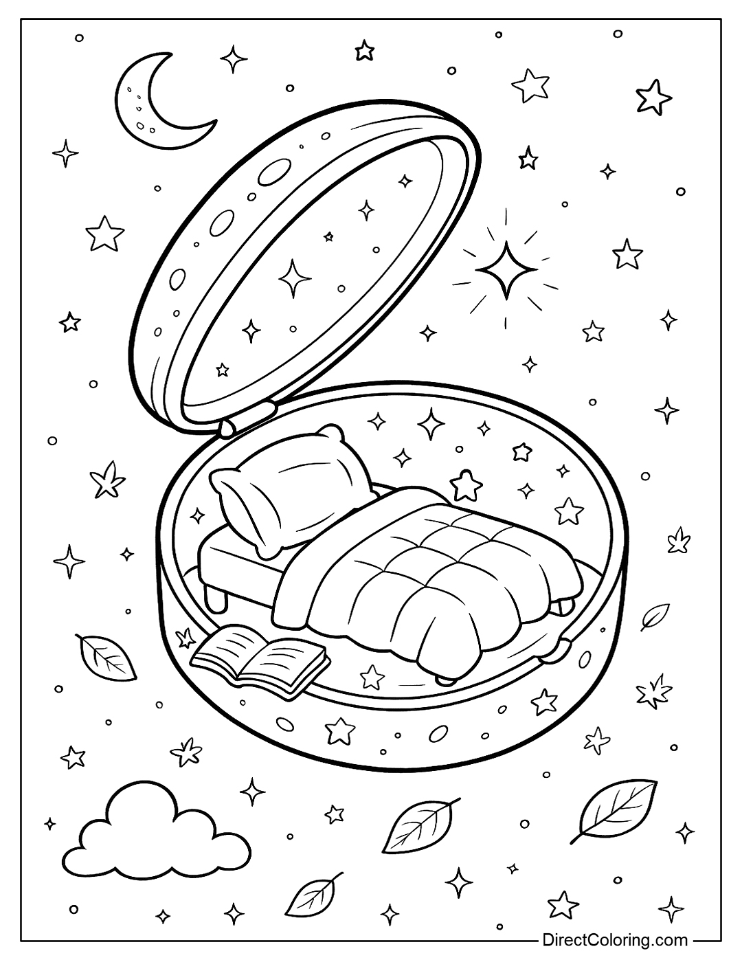 a moon compact coloring page that opens to a small bed with pillows, a comforter, a storybook, and twinkling stars