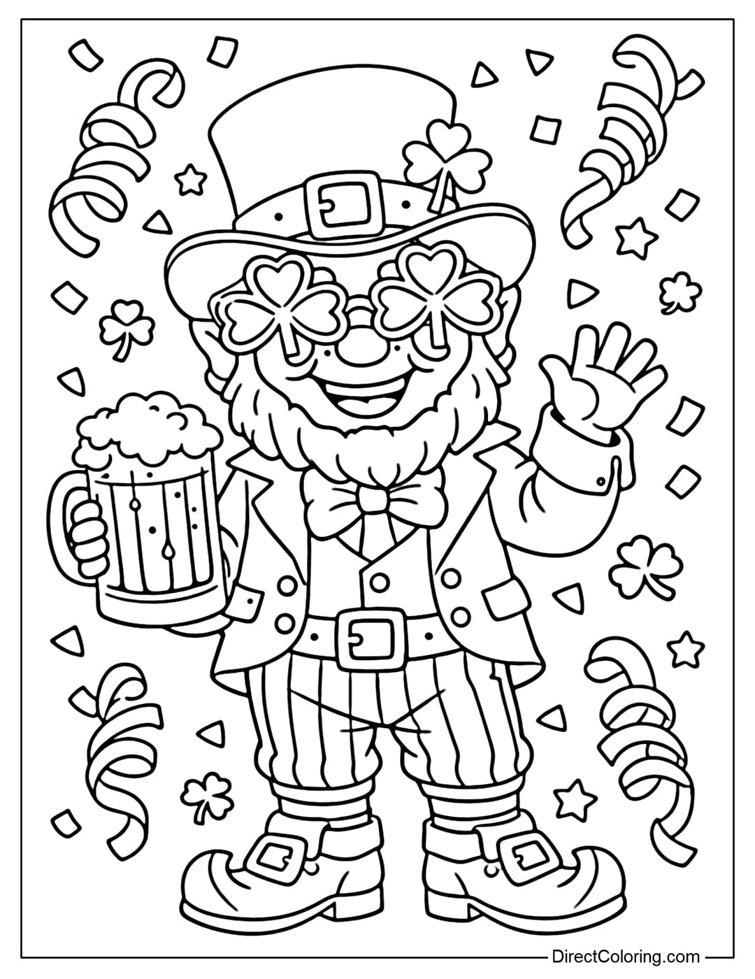 A coloring page of a Leprechaun dressed in St. Patrick's Day attire, wearing funny glasses and surrounded by confetti.