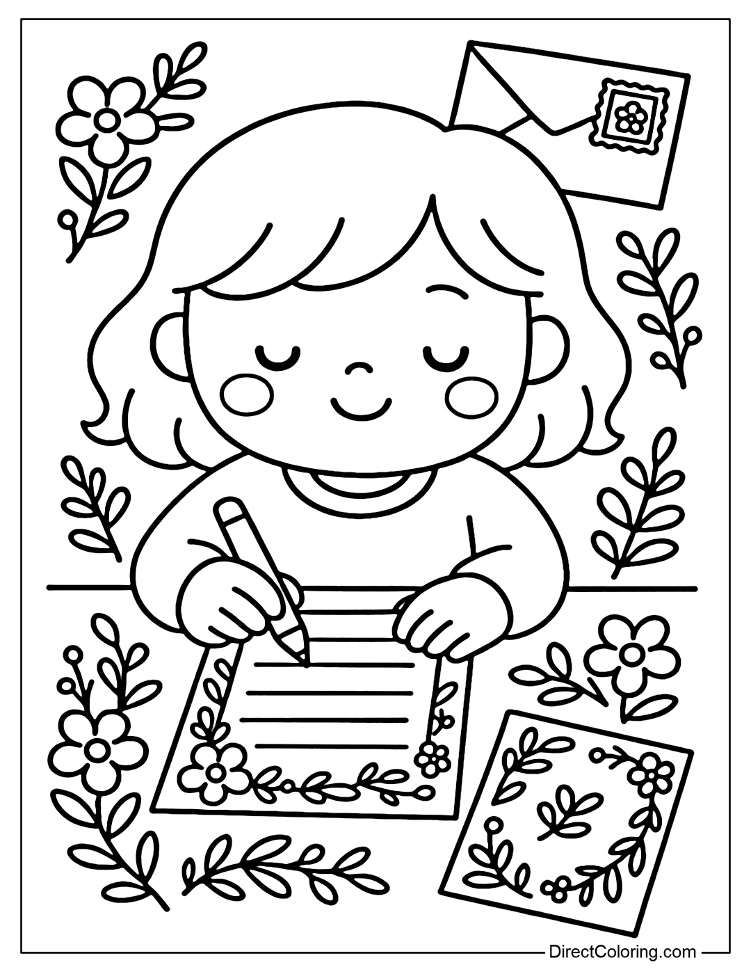 Coloring page of a little girl writing a handwritten letter to her friend with decorative paper, flowers, and pretty stamps.