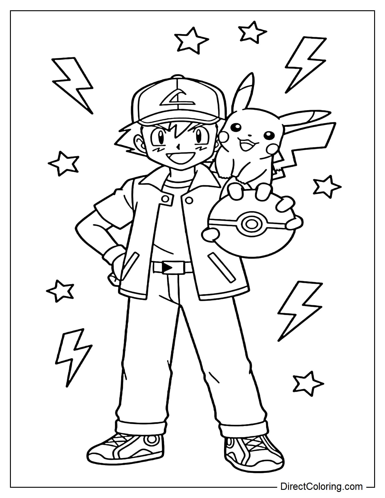 Ash wears his signature hat, one hand on his hip and the other holding a large Poké Ball with Pikachu perched on his shoulder, surrounded by lightning and stars.
