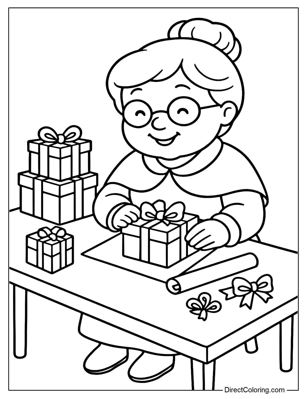 A Mrs Claus coloring page sitting wrapping gifts, gift boxes of various sizes, wrapping paper and bows neatly arranged around the table.
