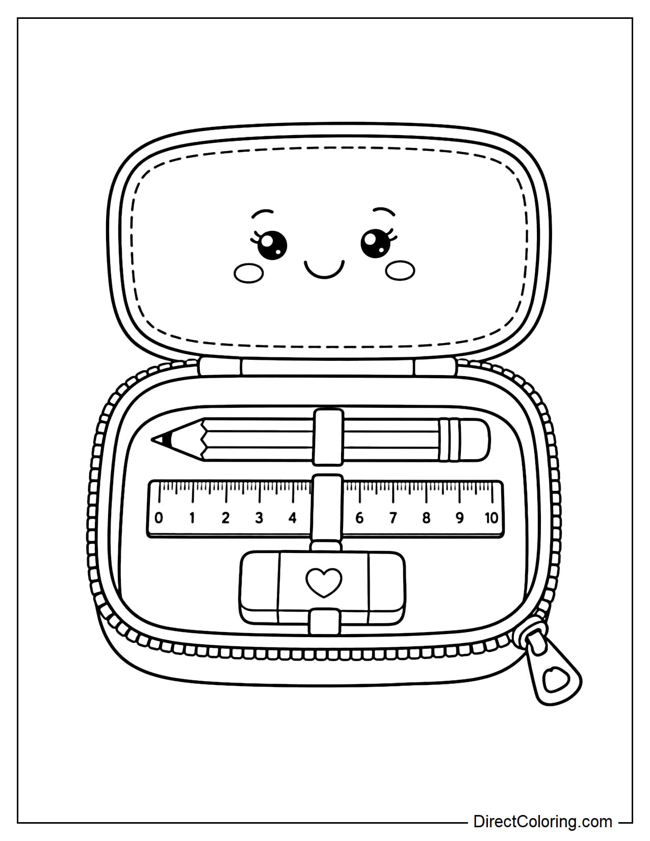A pencil case is open, revealing pencils, a ruler, and an eraser neatly arranged inside.