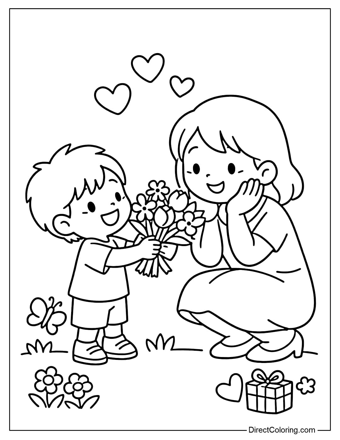 A child giving flowers to their mother on Mother's Day.