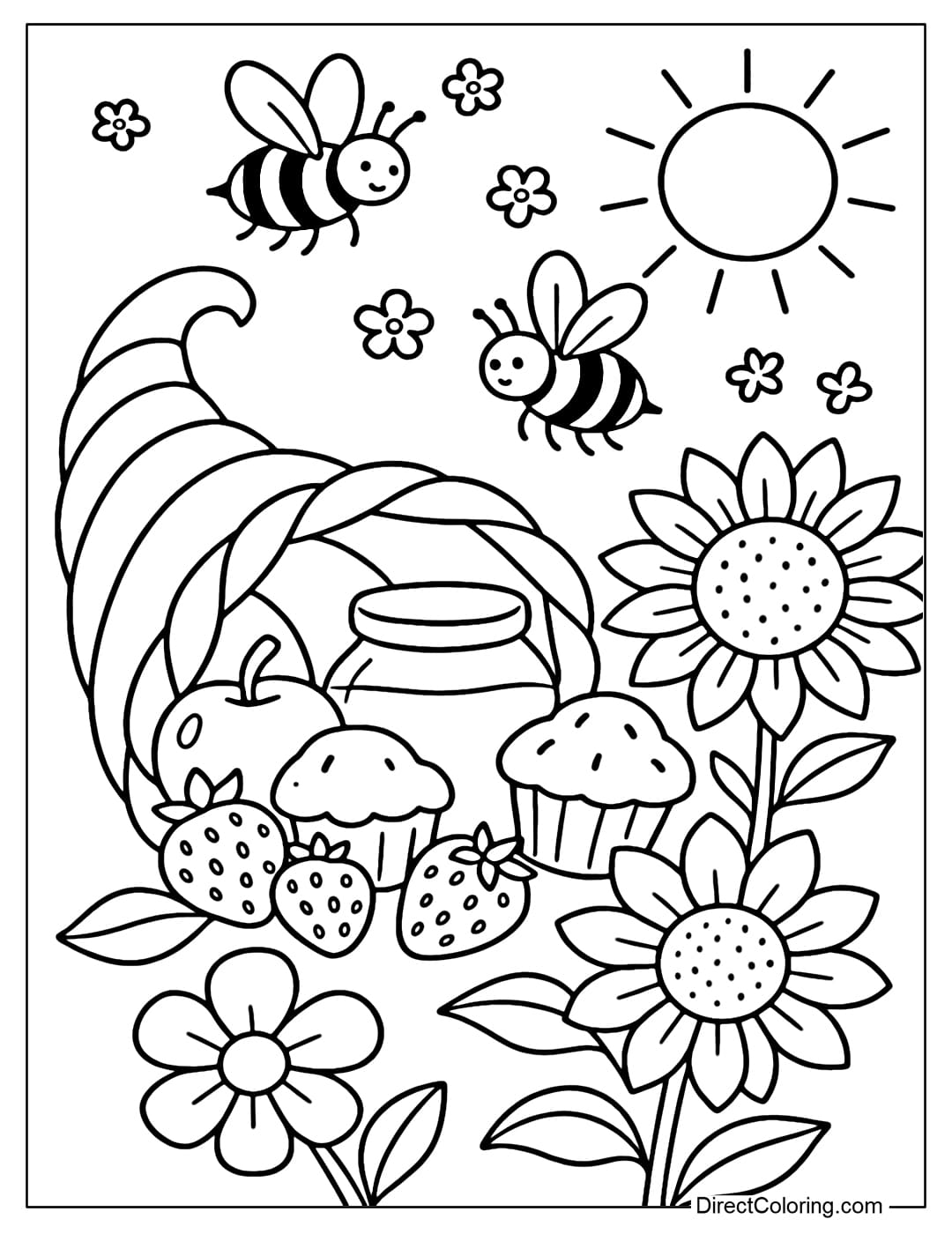 A soft Cornucopia coloring page with ripe fruits, honey jars, cupcakes and yellow bees flying around.