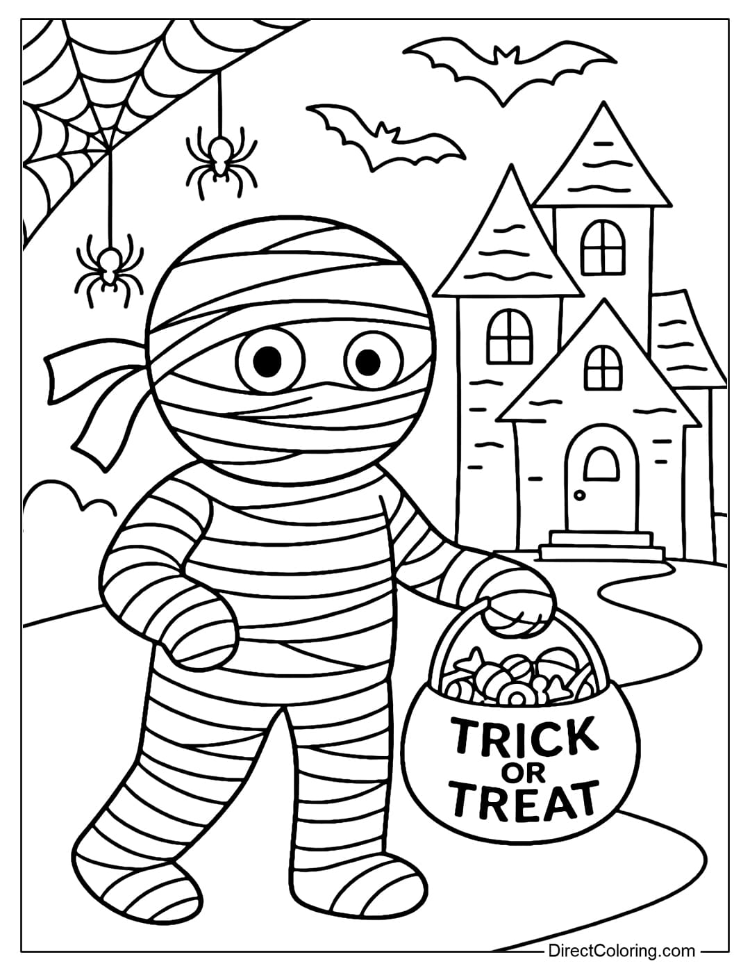 Coloring page of a mummy holding a basket of Trick or Treat candy, with a haunted house in the background, surrounded by bats, spiders and cobwebs.