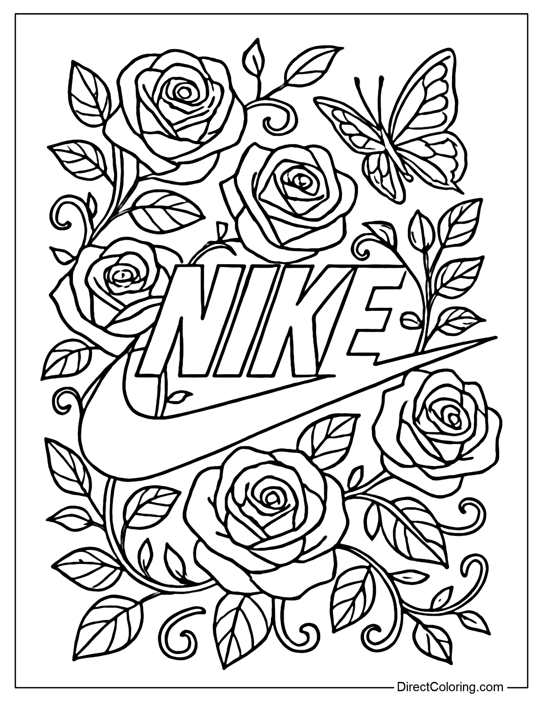 A Nike logo coloring page made with roses, vines, and butterflies.