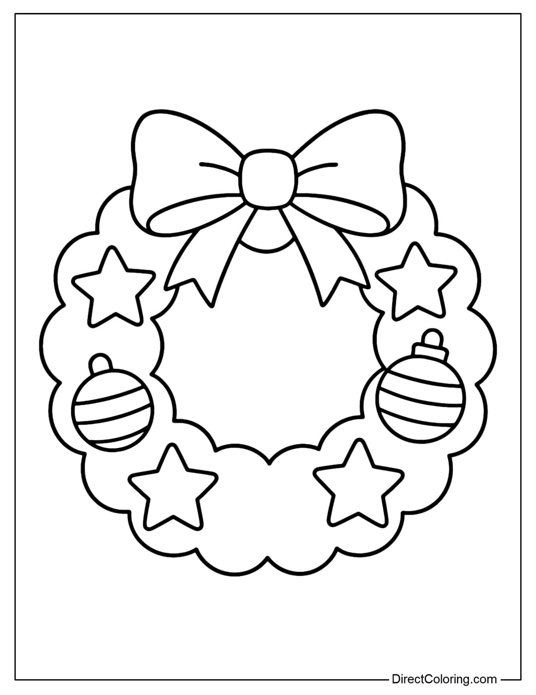 Star and Ornament Wreath Coloring Page A wreath coloring page decorated with a large bow, a five-pointed star, and a striped bauble.