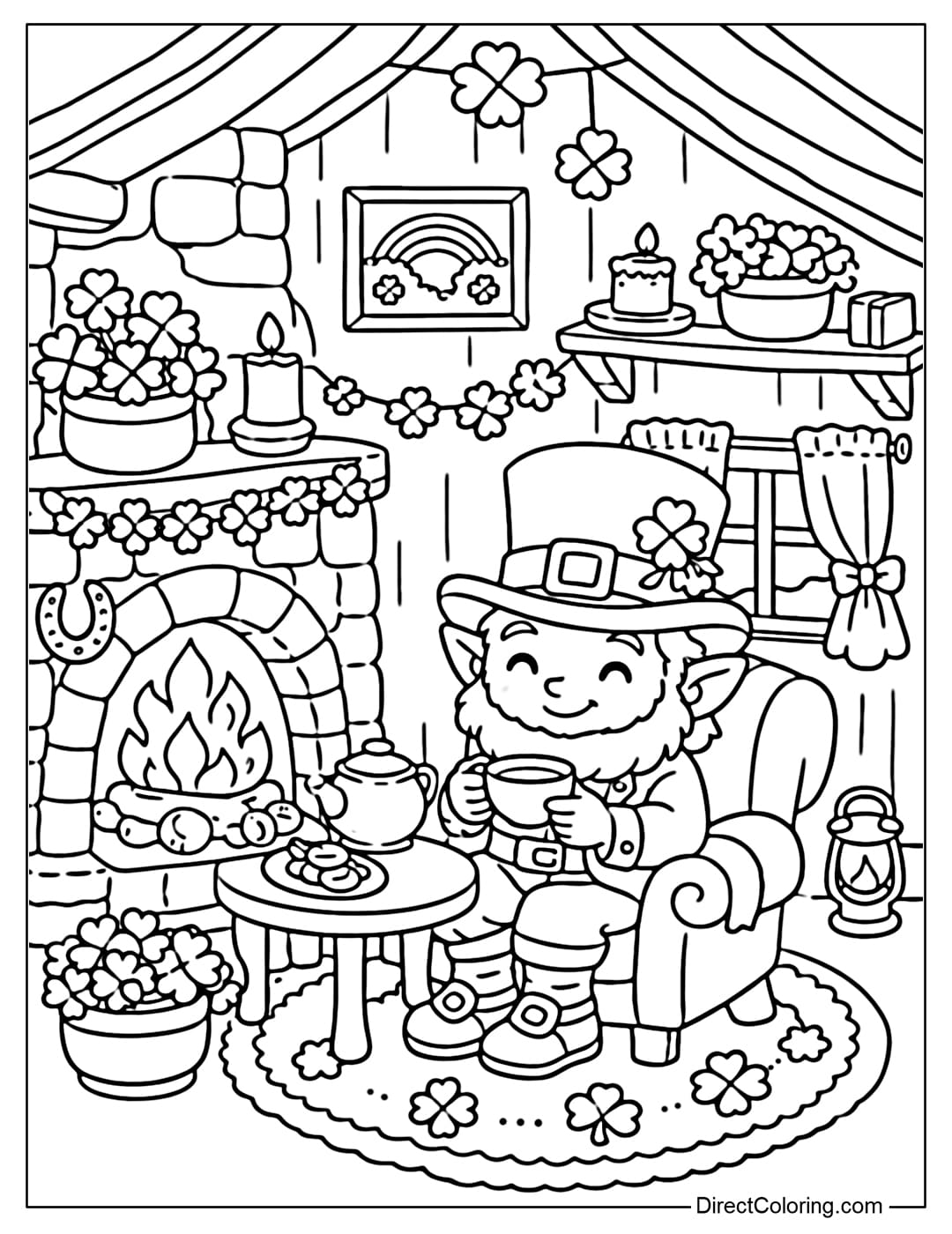 A coloring page of a Leprechaun sitting in a cozy little house, drinking tea by the fireplace and decorating with shamrock.