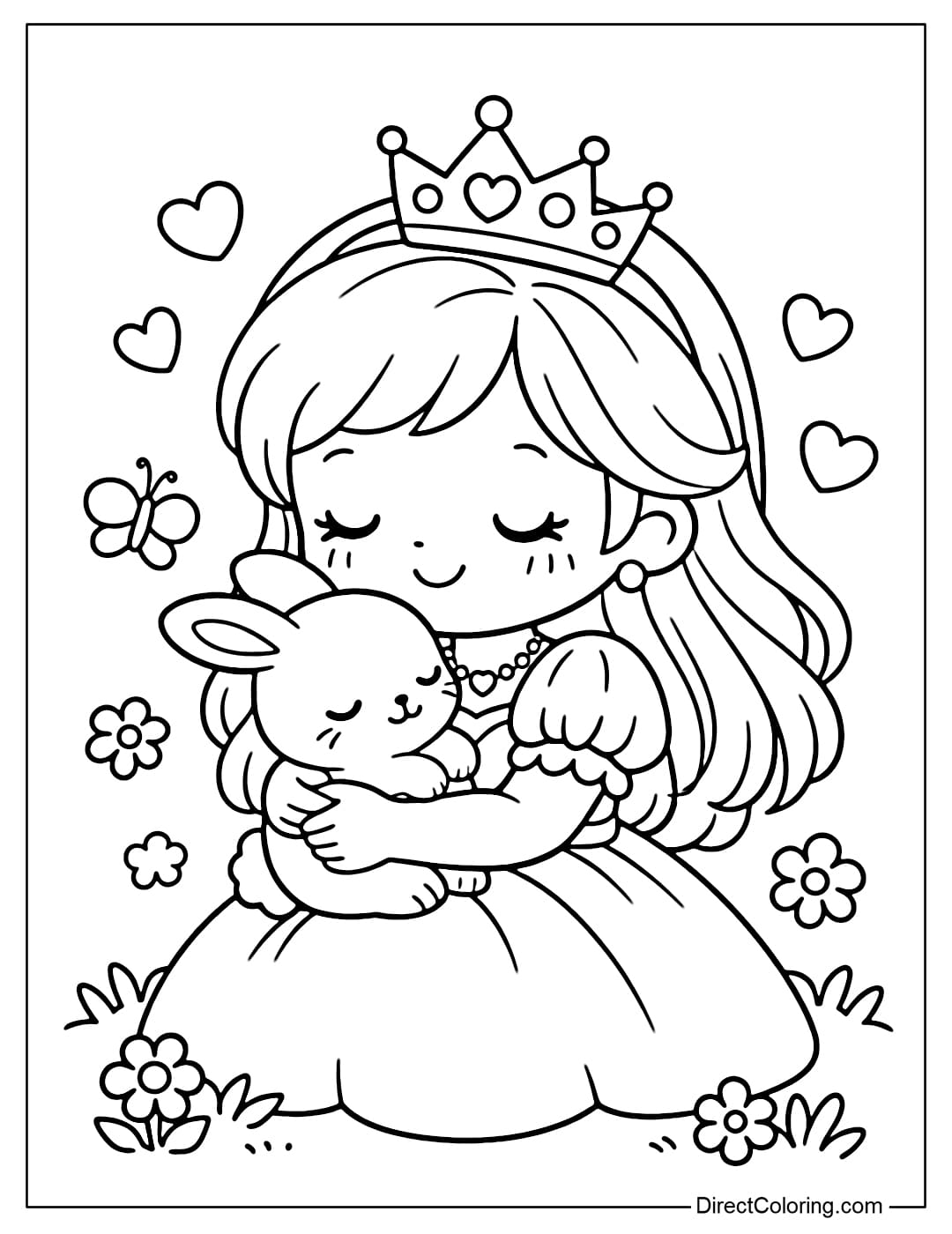 A coloring page featuring a princess holding a little bunny.