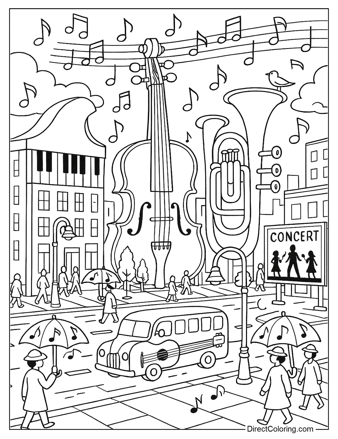 A city with buildings shaped like musical instruments, emitting floating musical notes coloring page