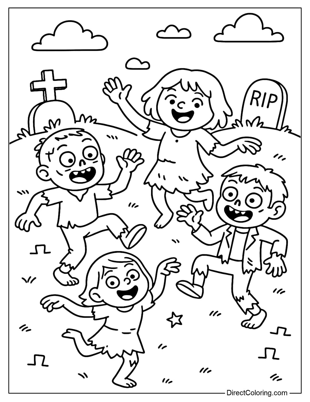Zombie Party Coloring Page A coloring page of zombies dancing around the cemetery, creating a spooky and funny feeling.