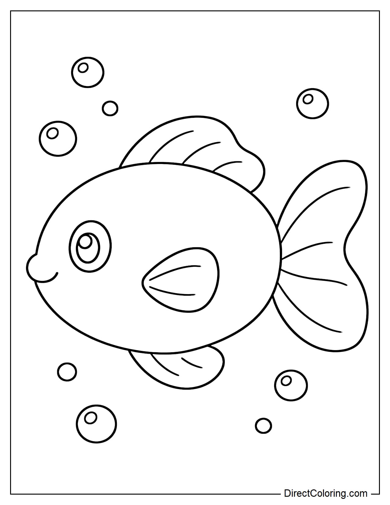 A large fish with an oval body, simple curved fins and tail, surrounded by a few bubbles.