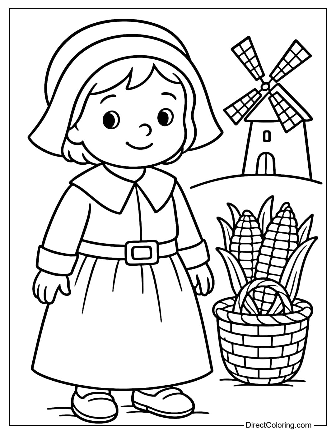 A coloring page of a baby dressed as a pilgrim, standing in front of a small windmill and a basket of corn.