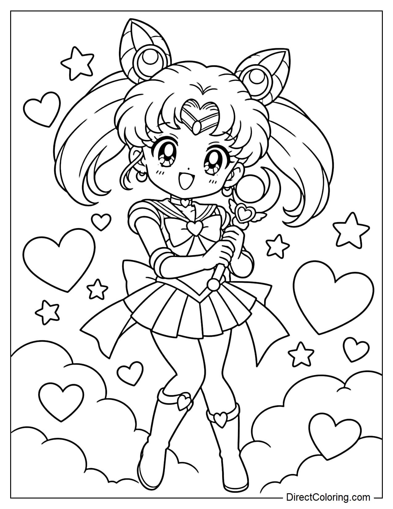 Sailor Chibi Moon (Chibiusa Tsukino) stands among fluffy clouds, happily holding her magical Pink Moon Stick with both hands in front of her chest. Hearts, a few stars, and soft clouds surround her.