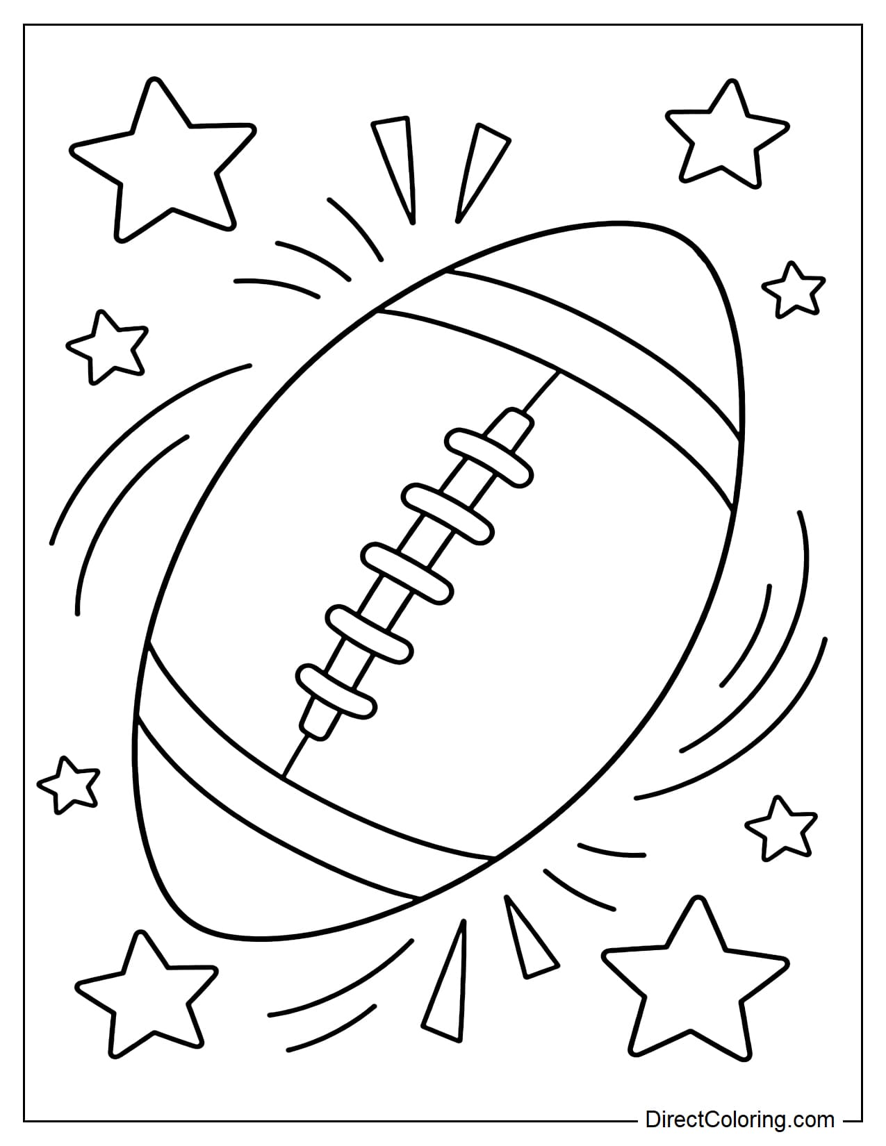 A large football sits in the center of the page, surrounded by bold stars, light rays, and simple motion lines.