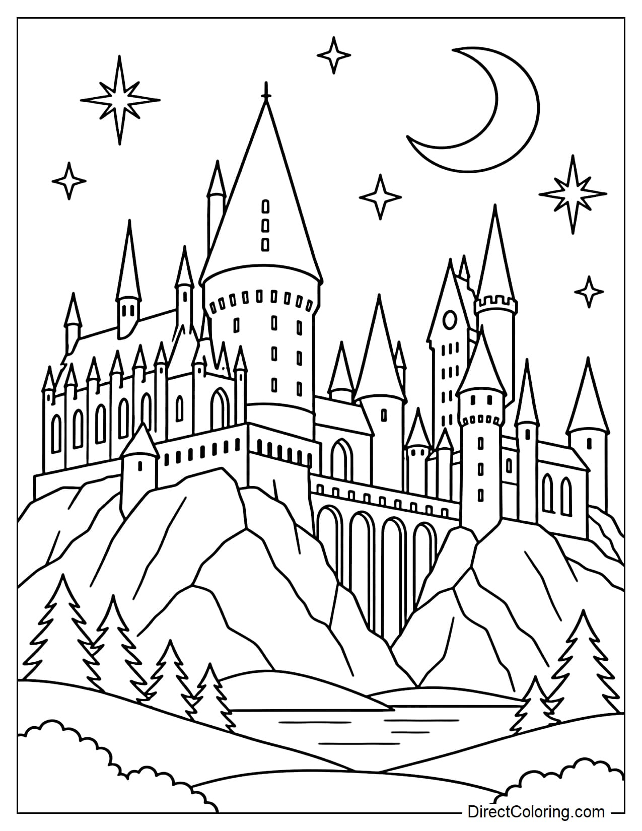 The large Hogwarts Castle features many tall towers and pointed rooftops, with a crescent moon and stars above and a few simple hills below.
