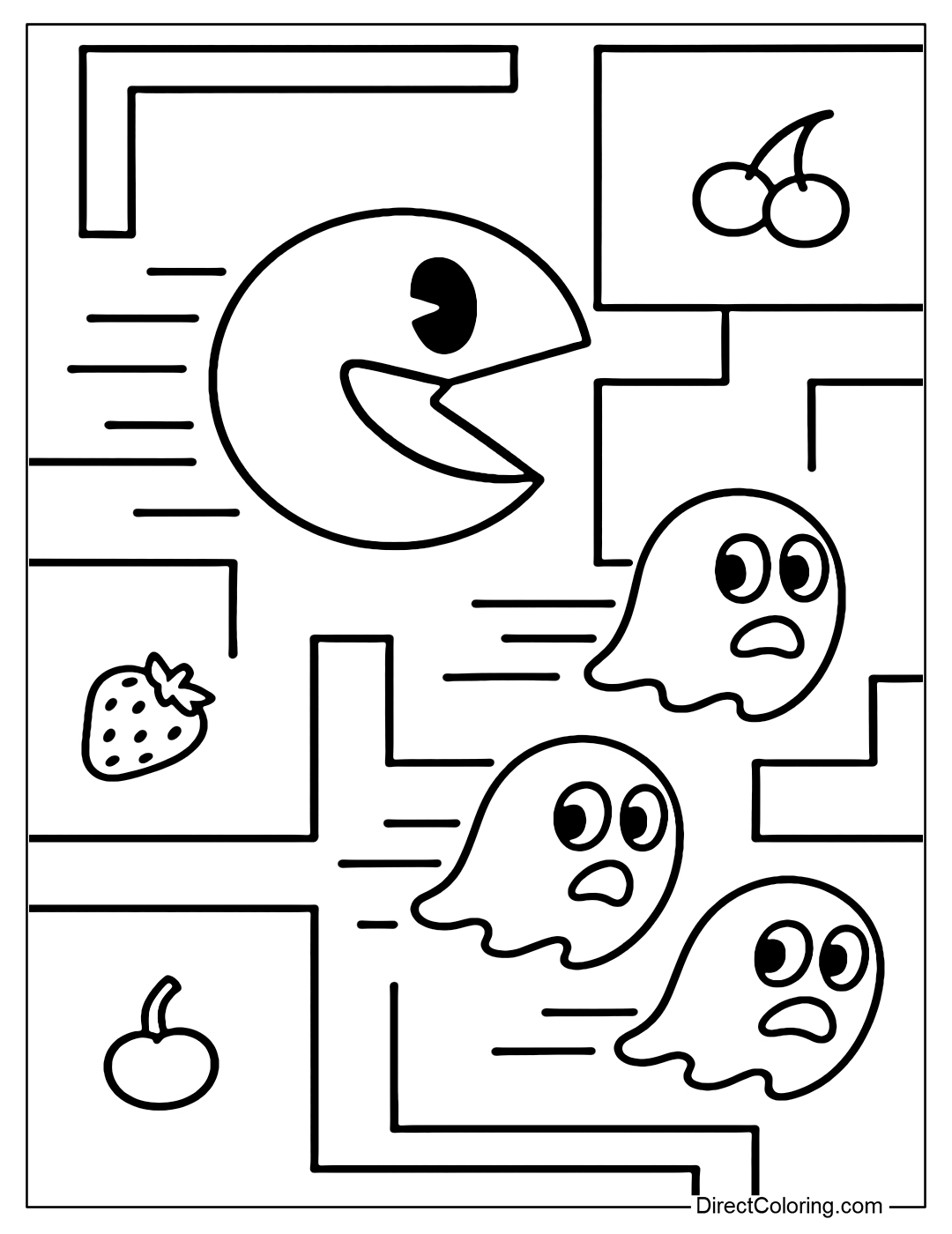 Coloring page of a chase between Pac-Man and a ghost, a winding maze background.