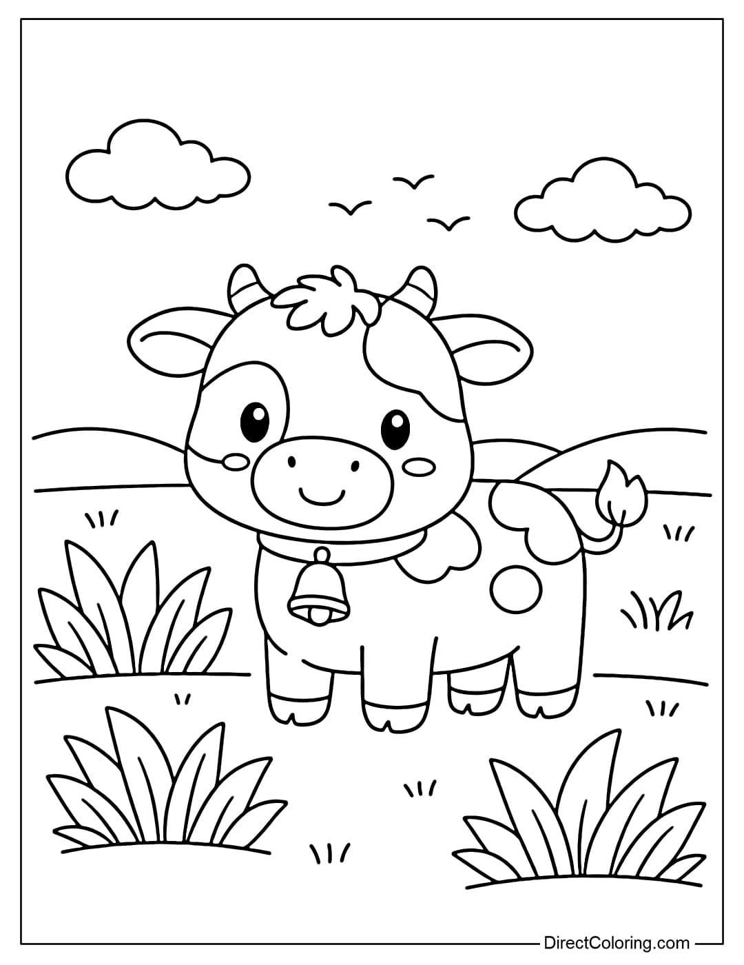 Coloring page of a cute cow standing in a field with some simple large blades of grass.