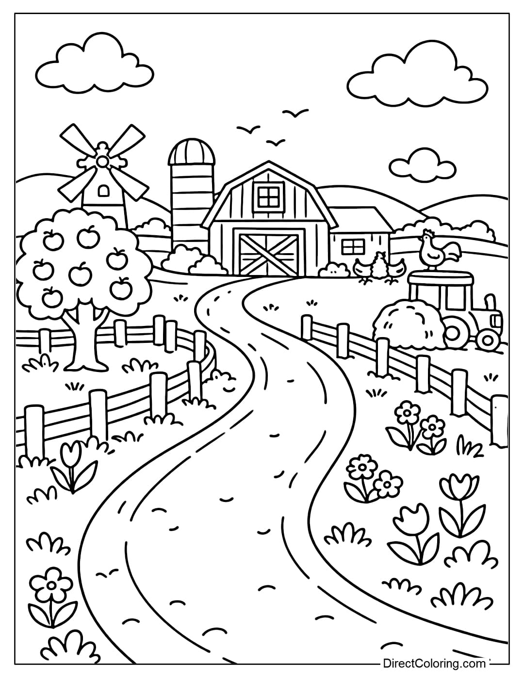Coloring page for a farm road with a clear layout.