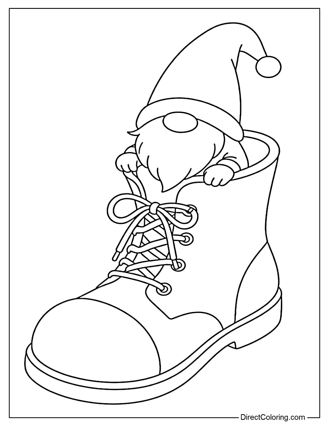 Coloring page of a gnome emerging from an oversized shoe.