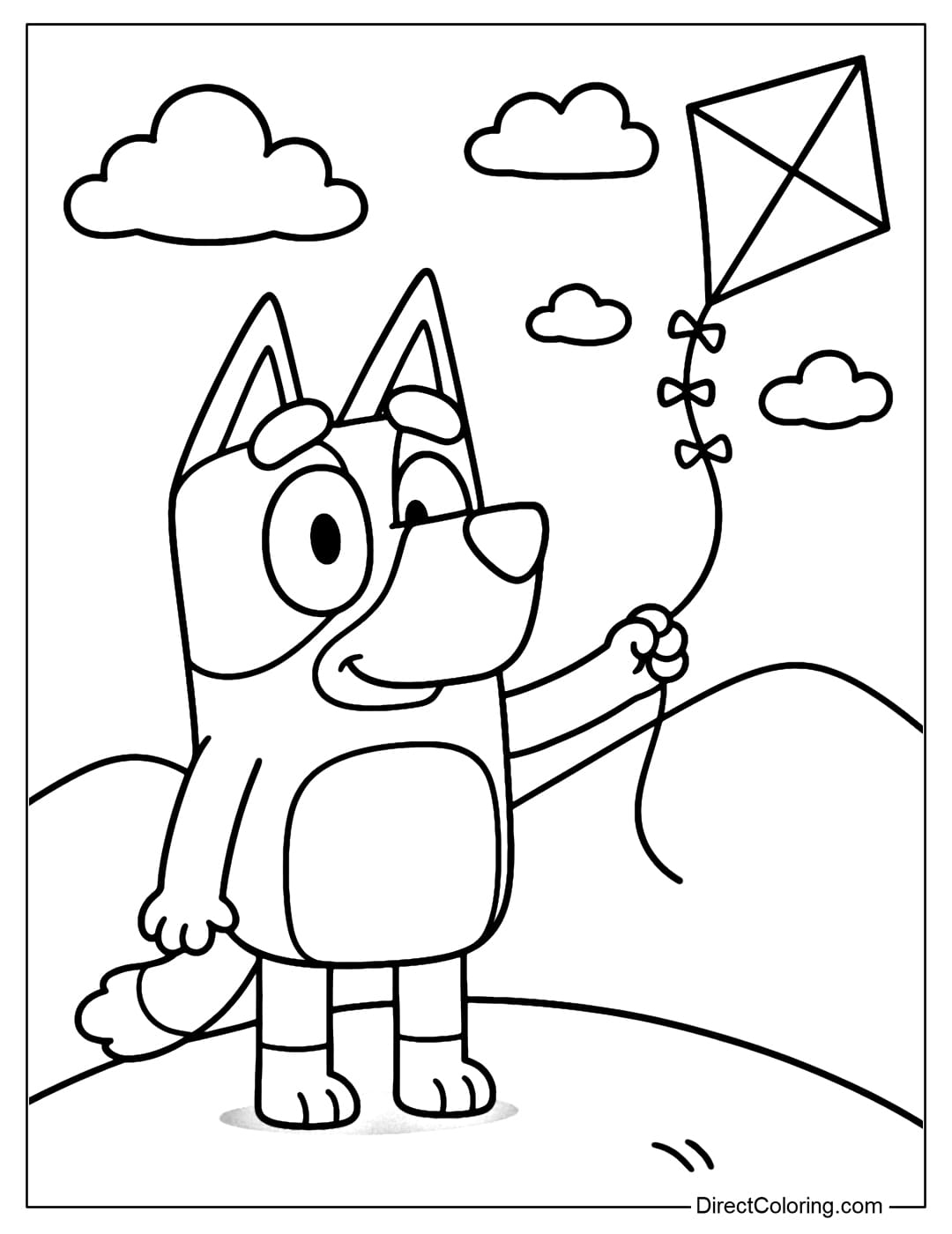 Bluey Coloring Page standing on a gentle hill, behind is a second hill, a few clouds, kite flying high.