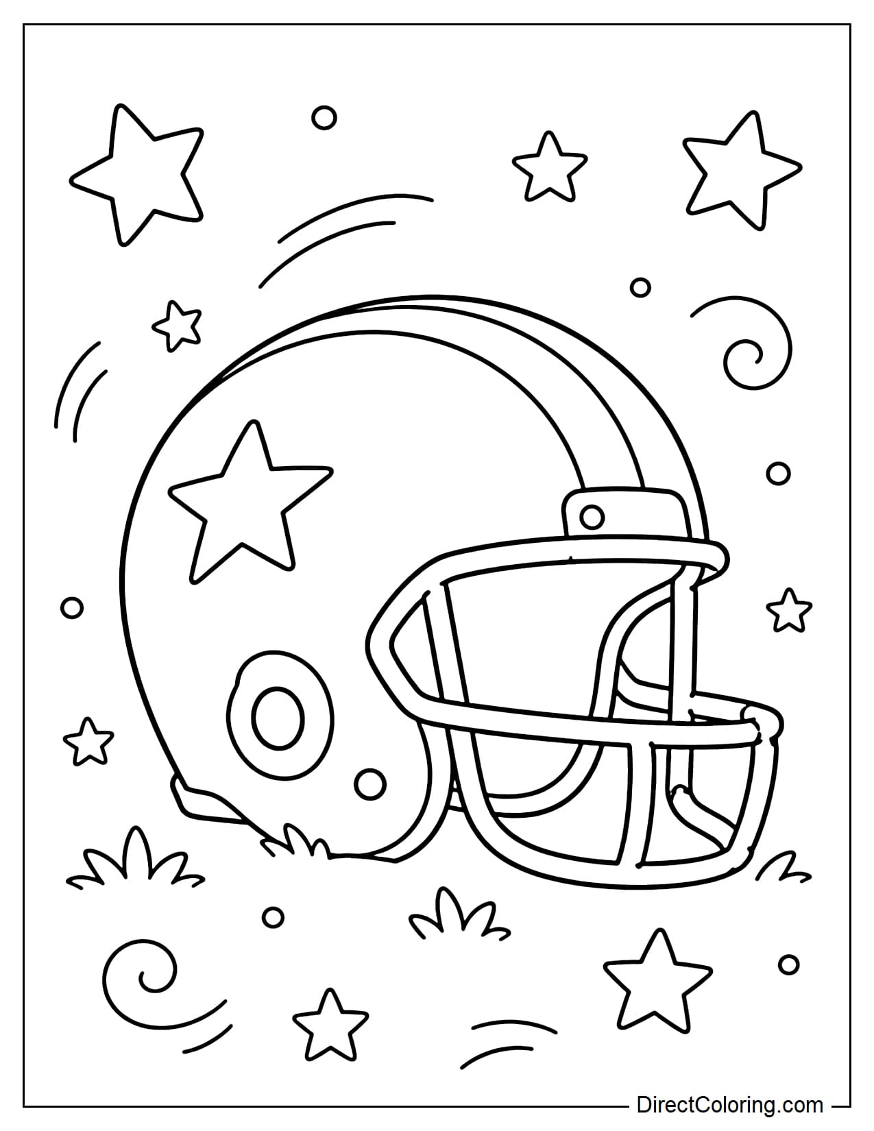 A classic football helmet is shown from the side, with small patches of grass below and several stars around it.