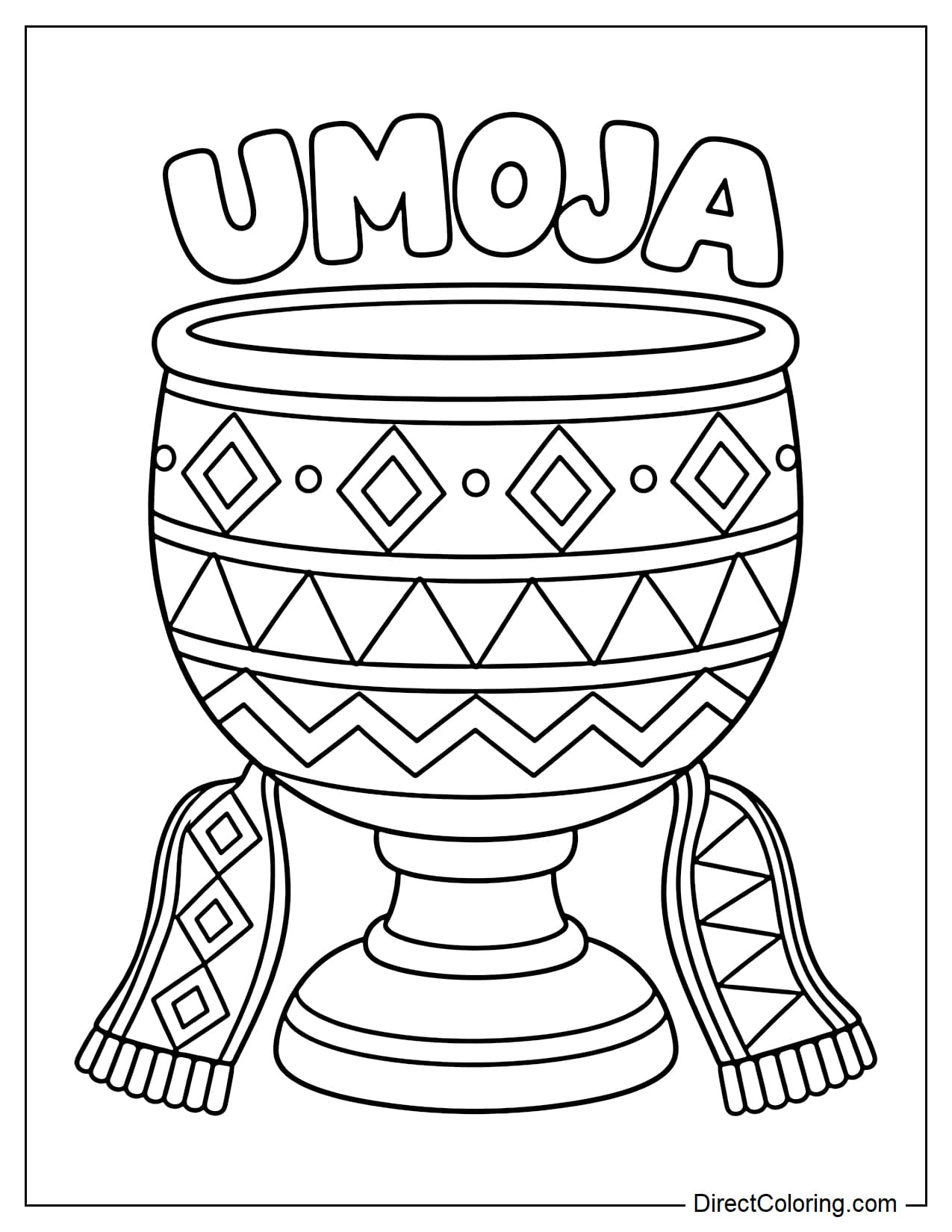 A large Kikombe cha Umoja unity cup features geometric patterns, with woven fabric strips on both sides and the word 