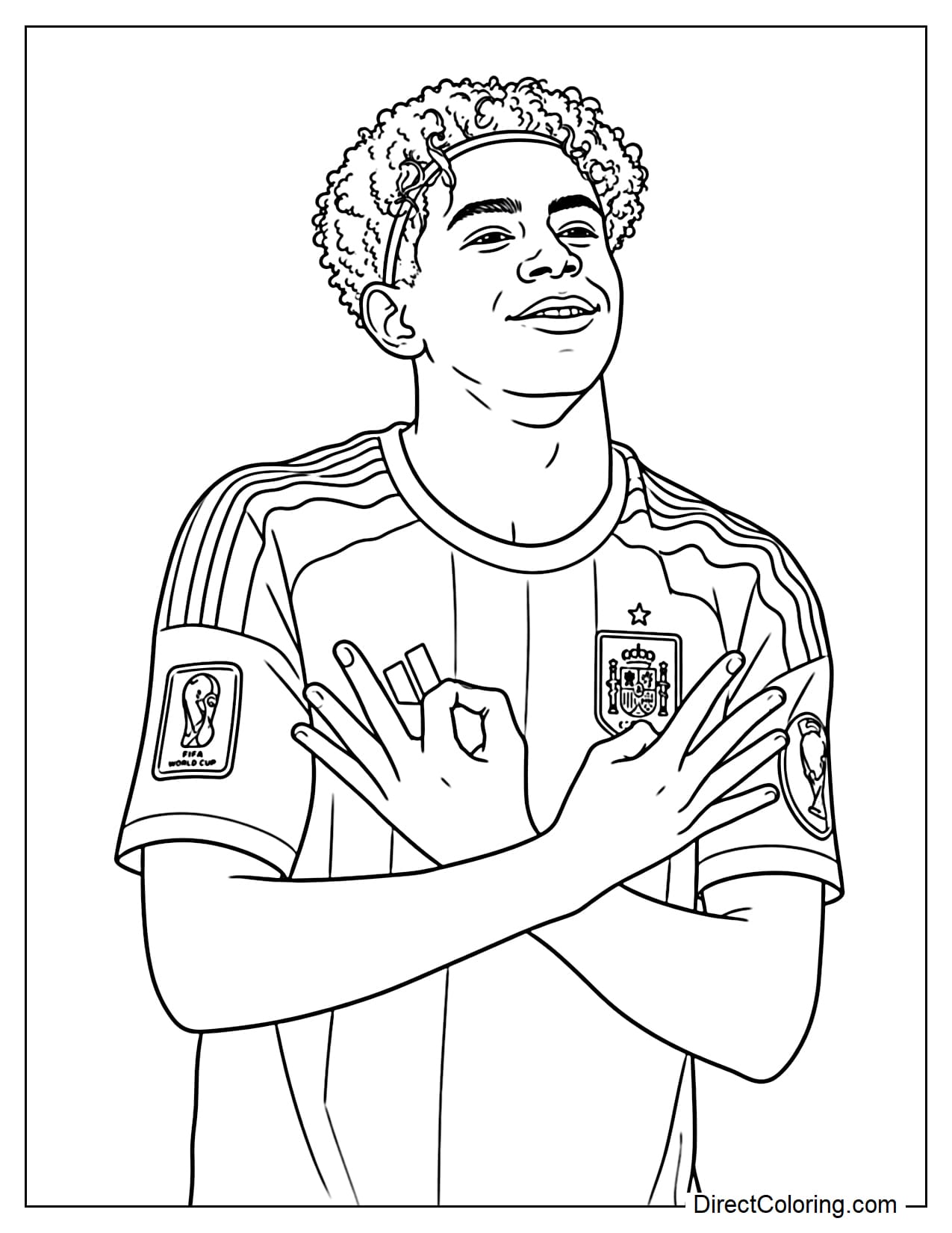 A half-body portrait of Lamine Yamal, wearing a striped Spain national team jersey, striking a confident celebratory pose with his arms crossed in front of his chest and fingers forming his signature gesture.