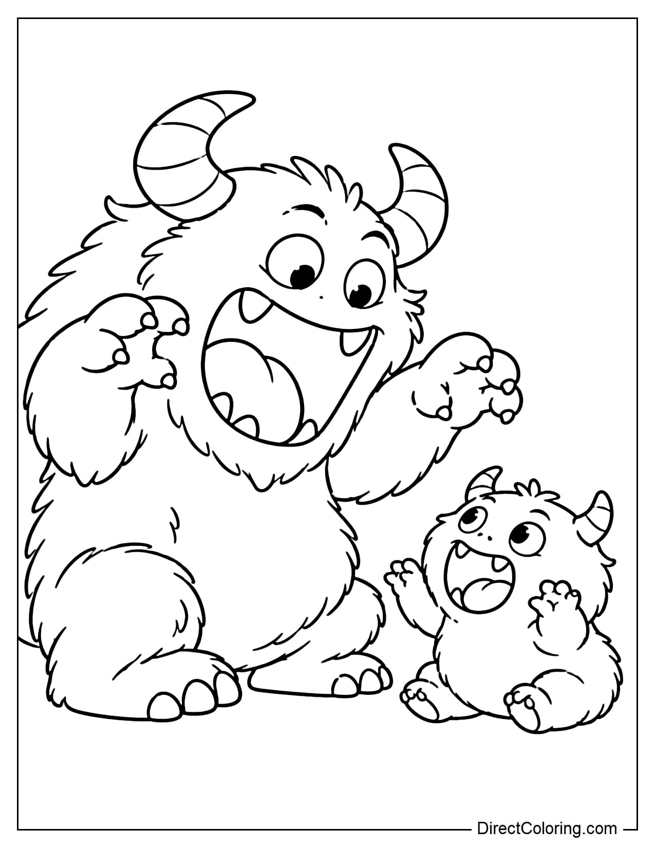 A mother monster sits facing a baby monster as they both open their mouths and practice roaring together.
