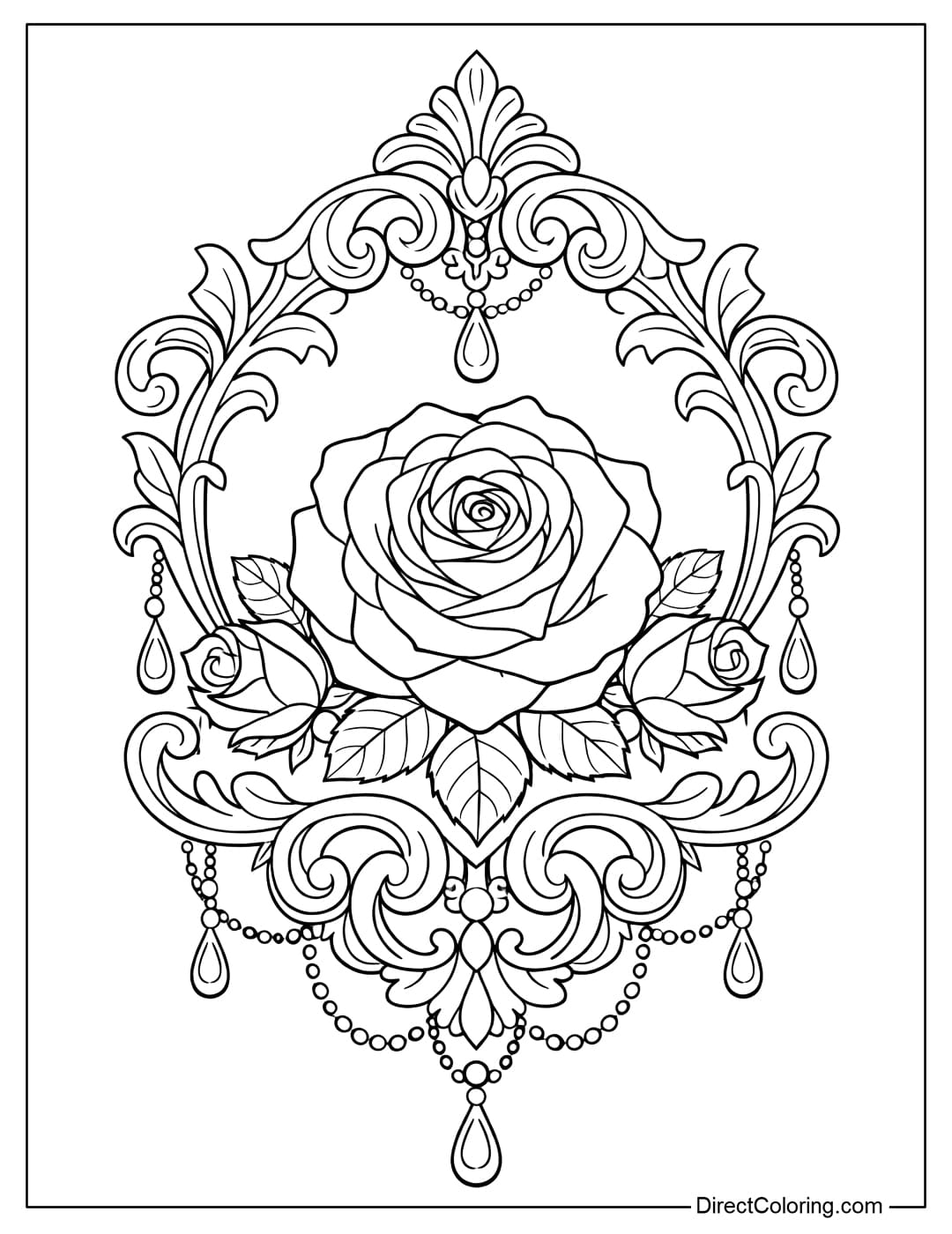 A coloring page of roses combined with classic decorative patterns, resembling a decorative frame.