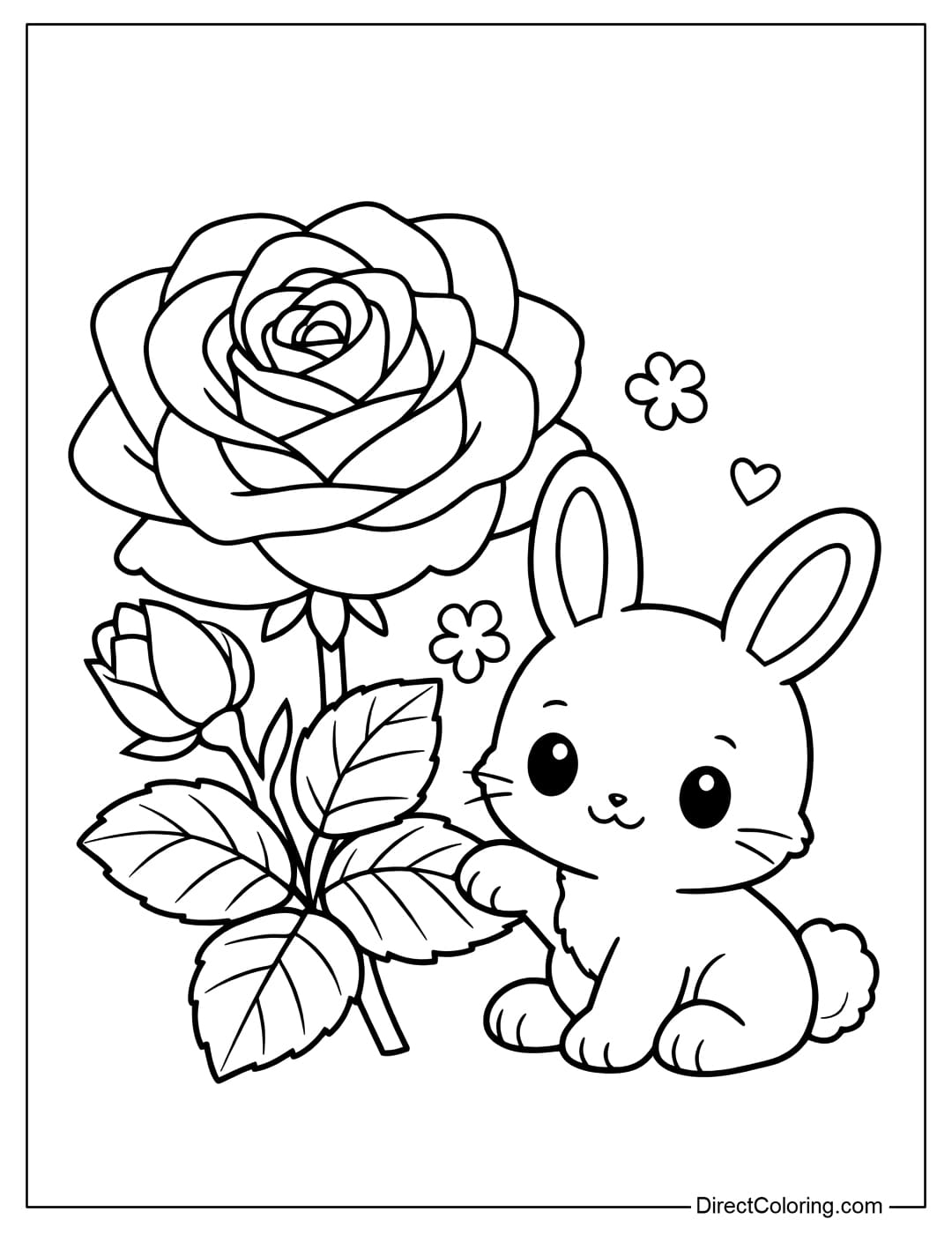 A coloring page featuring a large rose next to a cute bunny.