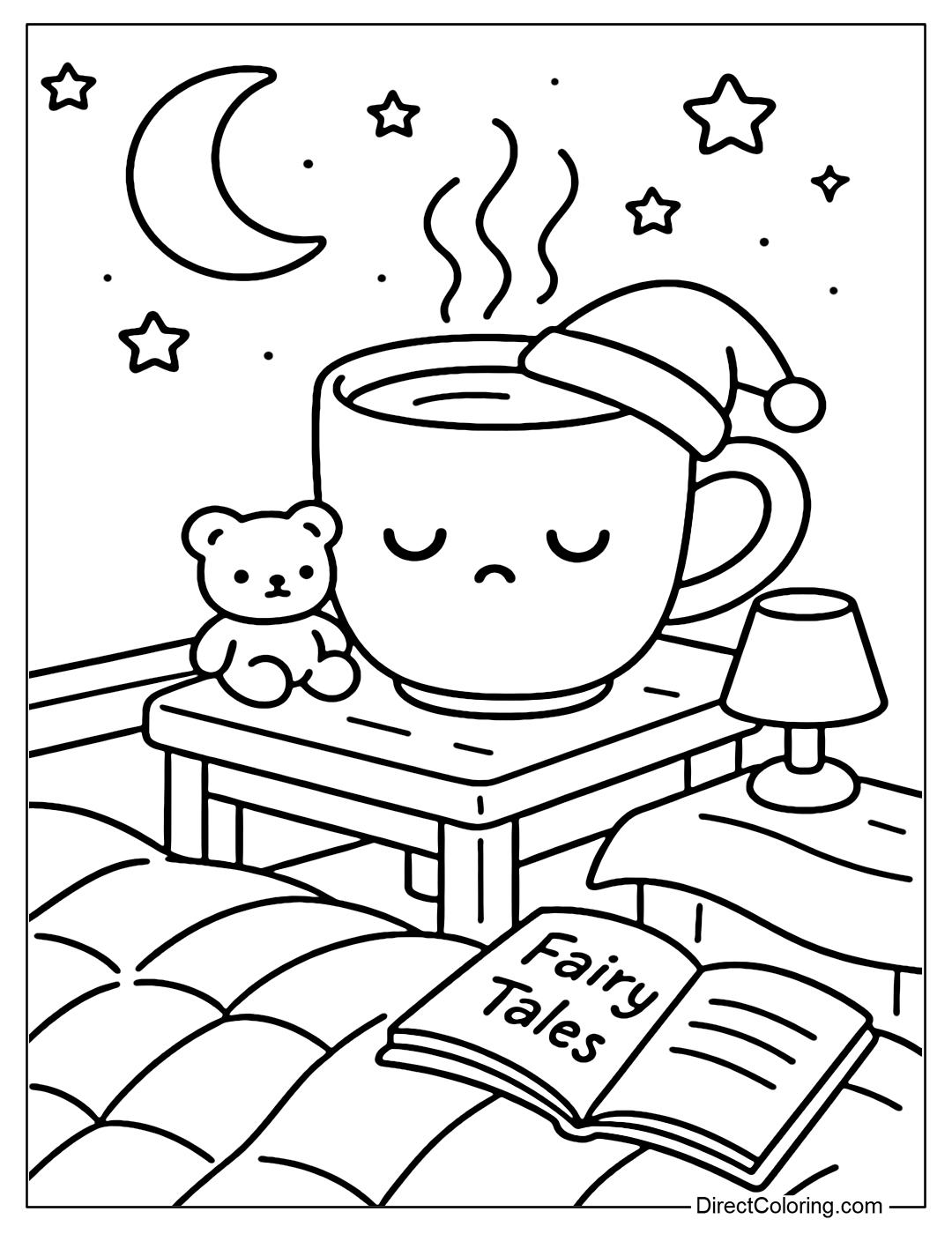 A hot milk cup coloring page with a sleepy face, wearing a cute nightcap, next to it is a teddy bear and a crescent moon floating.
