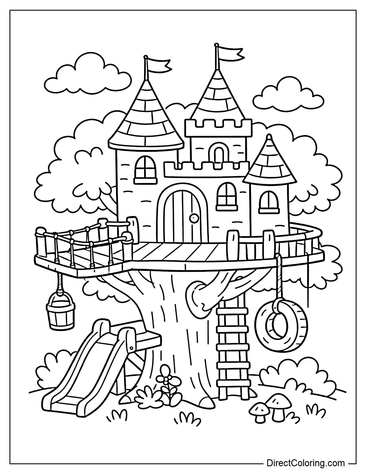 A treehouse designed like a small castle with a simple tower and pointed roof.