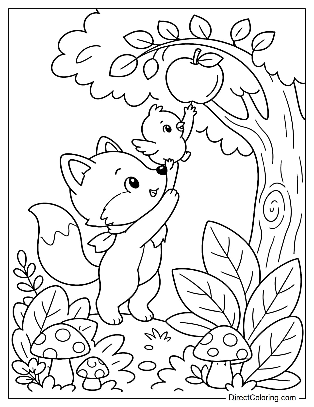 A little fox is lifting a little bird to reach an apple on a tree, with some large leaves and small mushrooms below.
