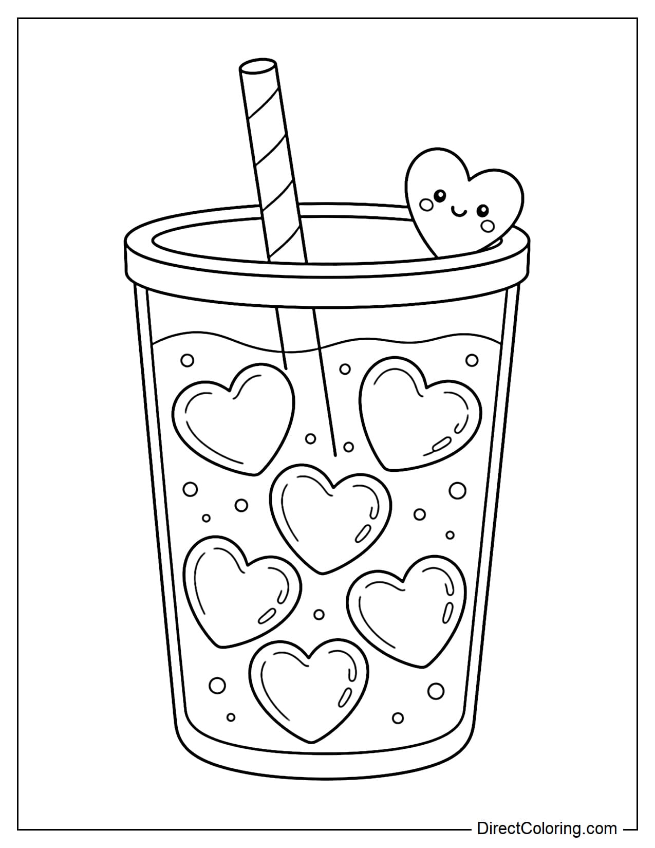 A glass of water with large heart-shaped ice cubes evenly distributed, creating a cute look suitable for children to color.
