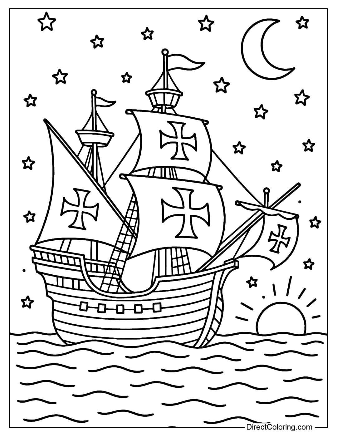 Coloring page of the Columbus ship under the starry night sky and bright moon, the sea rippling peacefully.