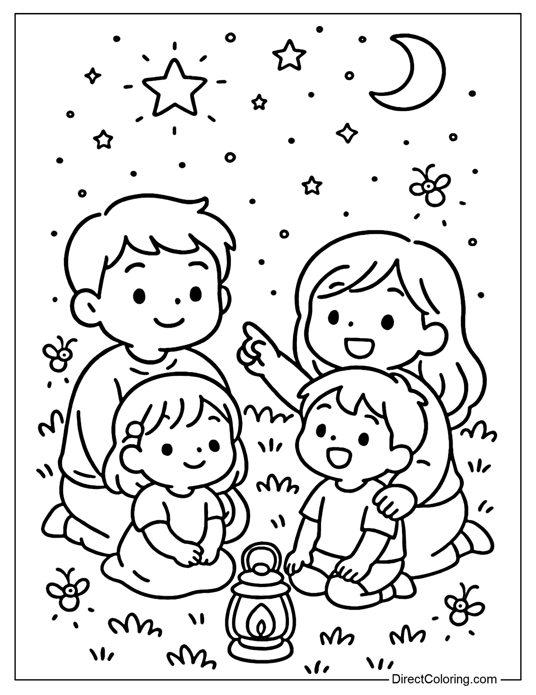 A coloring page of the whole family watching the stars together on the lawn, with lanterns and sparkling fireflies.