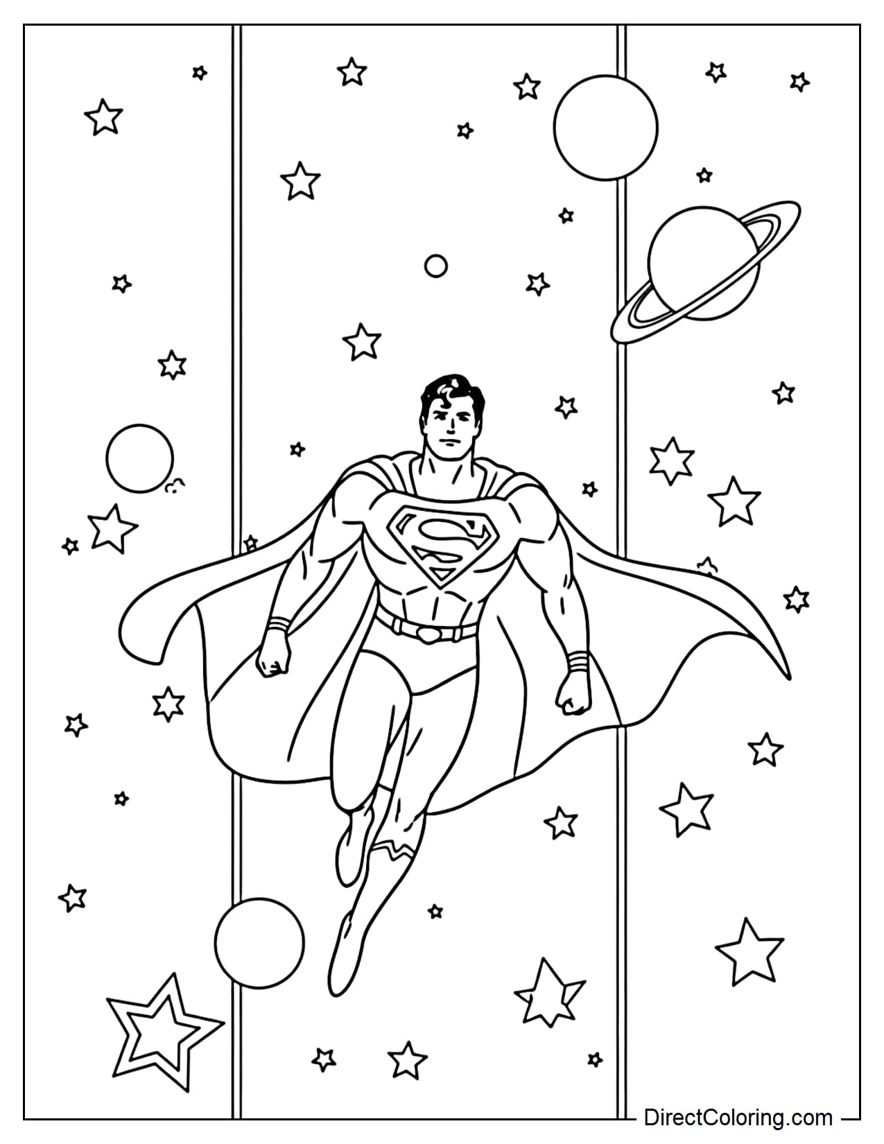 Superman flying in space with stars and planets around him.