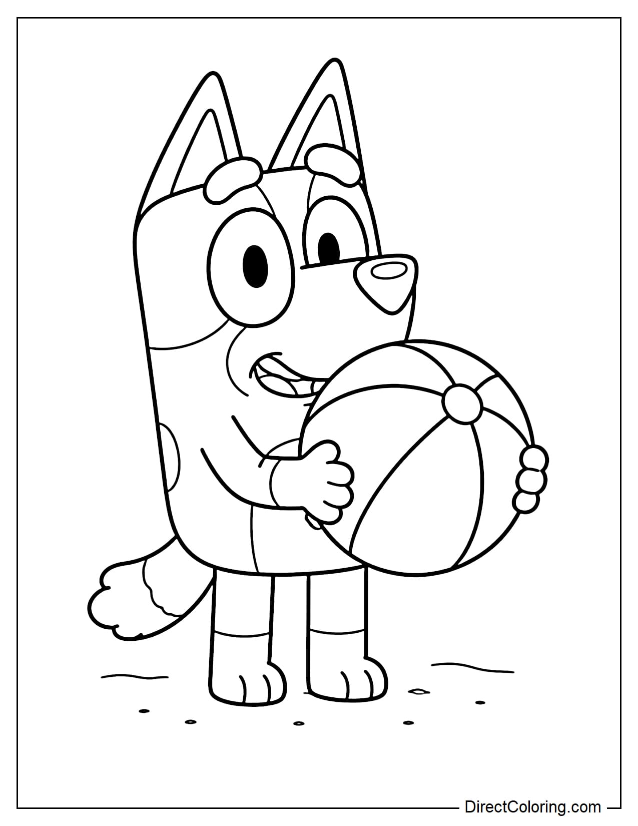 Bluey is holding a simple beach ball, standing on a simple sandy beach.