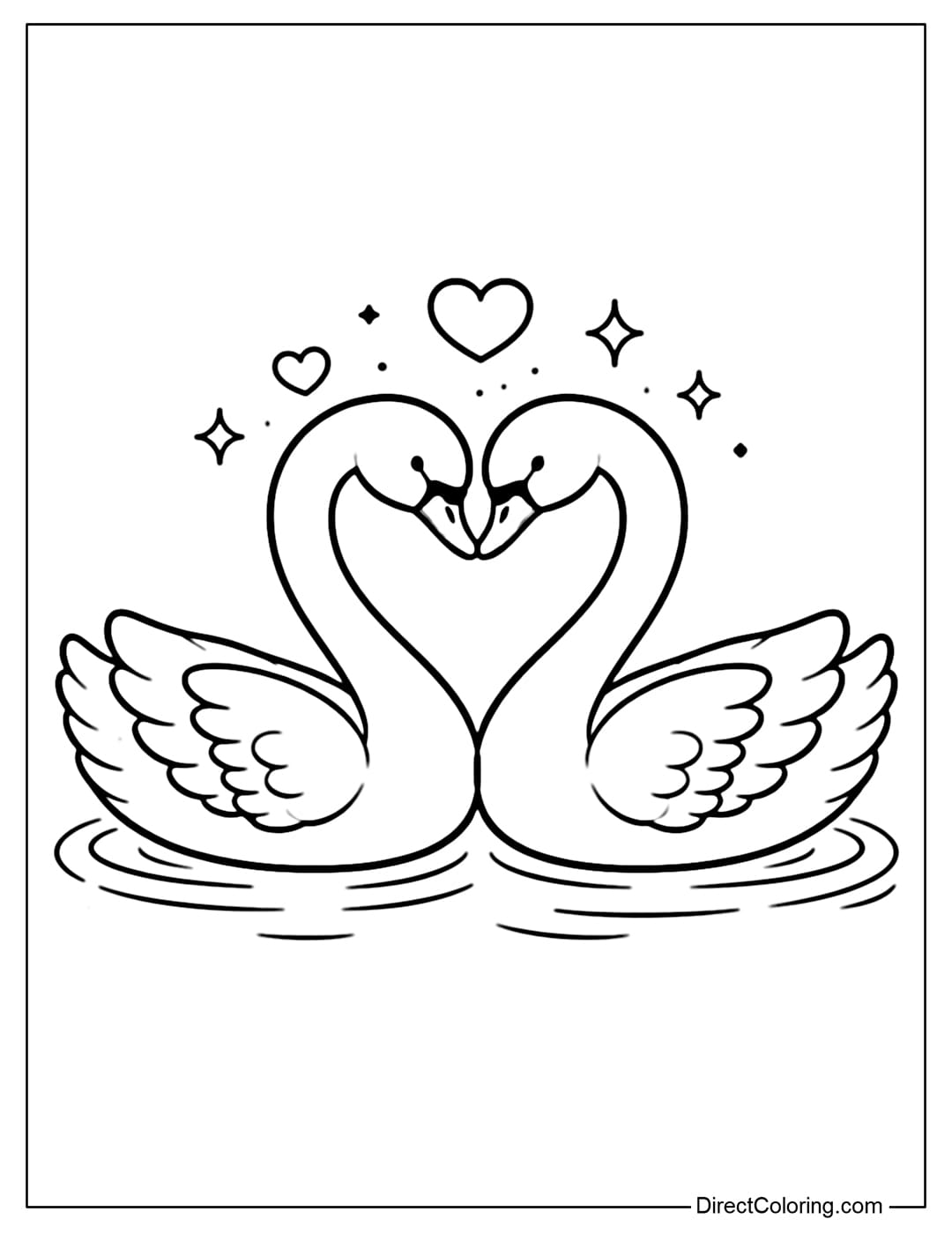 A coloring page of a pair of swans forming a heart shape with their necks.