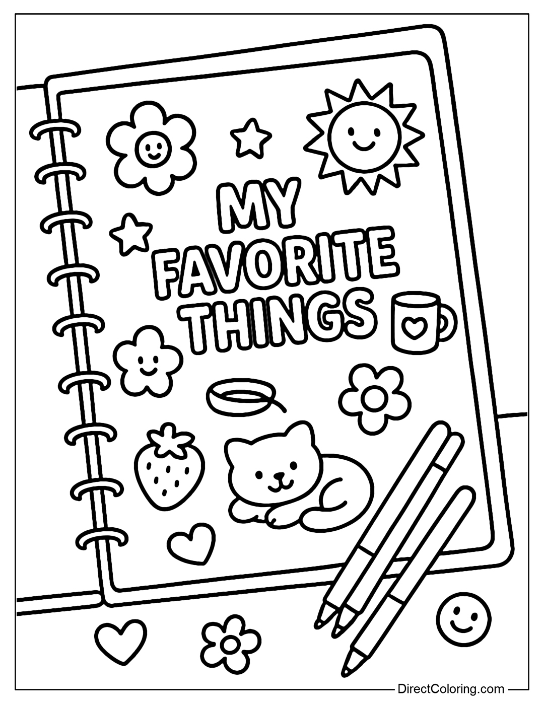 Journal coloring page with My Favorite Things page, stickers, and pastel crayons to color.