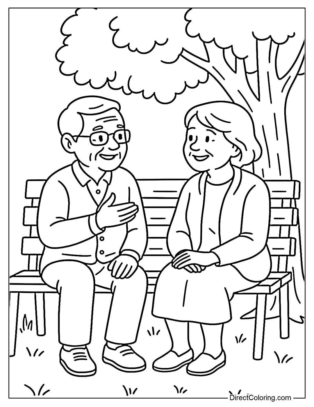 Coloring page of two old friends sitting and chatting on a park bench, behind them is a big shady tree.