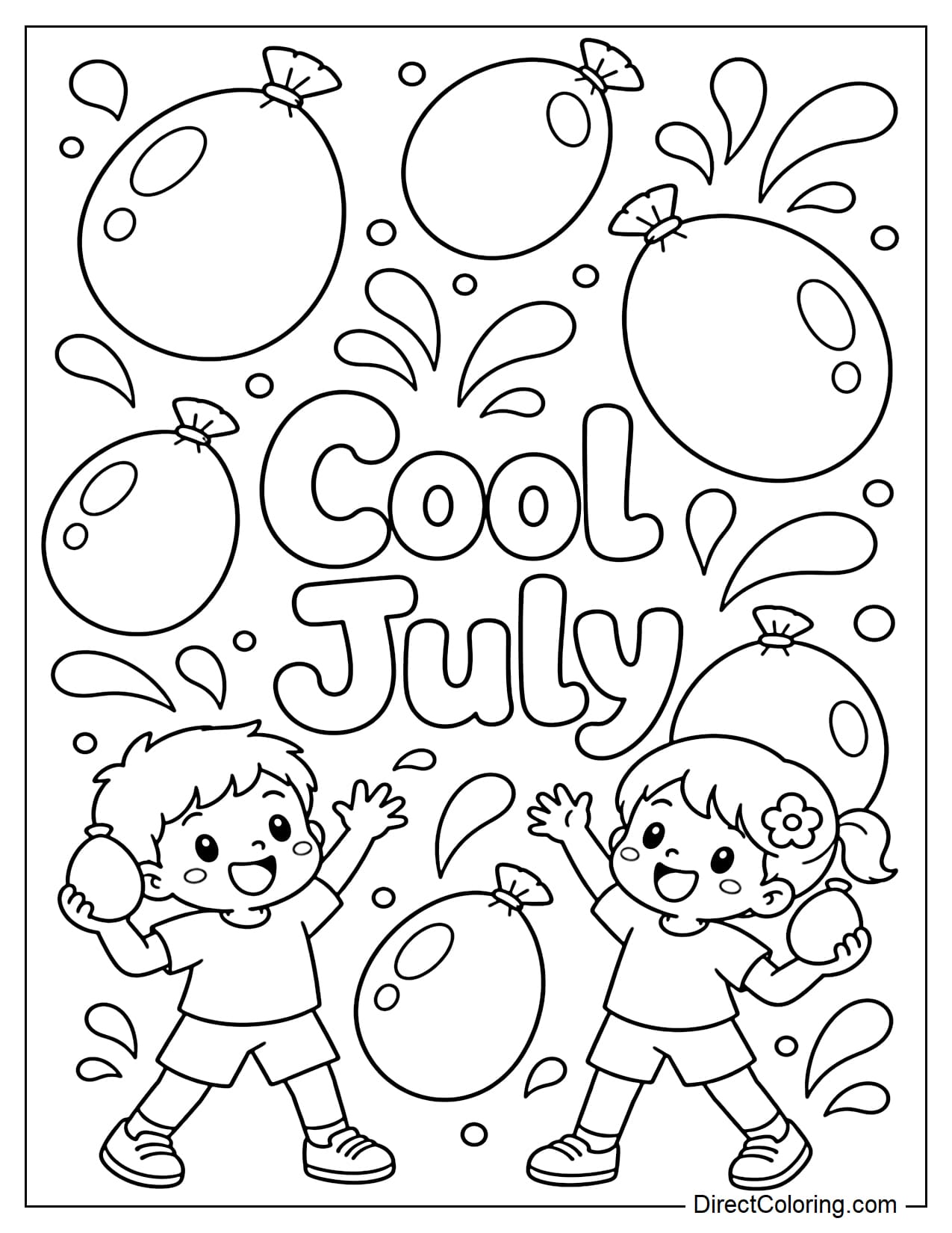 Two children tossing large water balloons into the air with simple water jets, with the words 